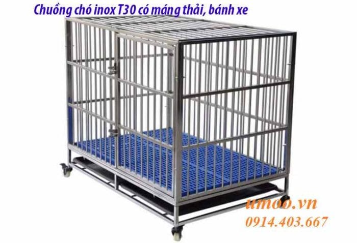 Chuồng chó inox T30 có máng thải, có bánh xe