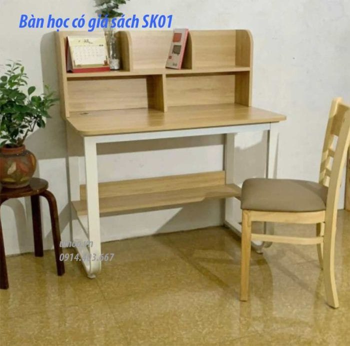 Bàn học có giá sách SK01, bàn học kèm giá sách bằng gỗ