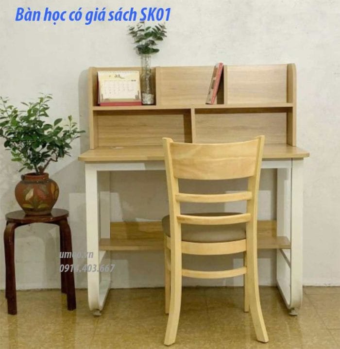 Bàn học có giá sách SK01, bàn học kèm giá sách bằng gỗ