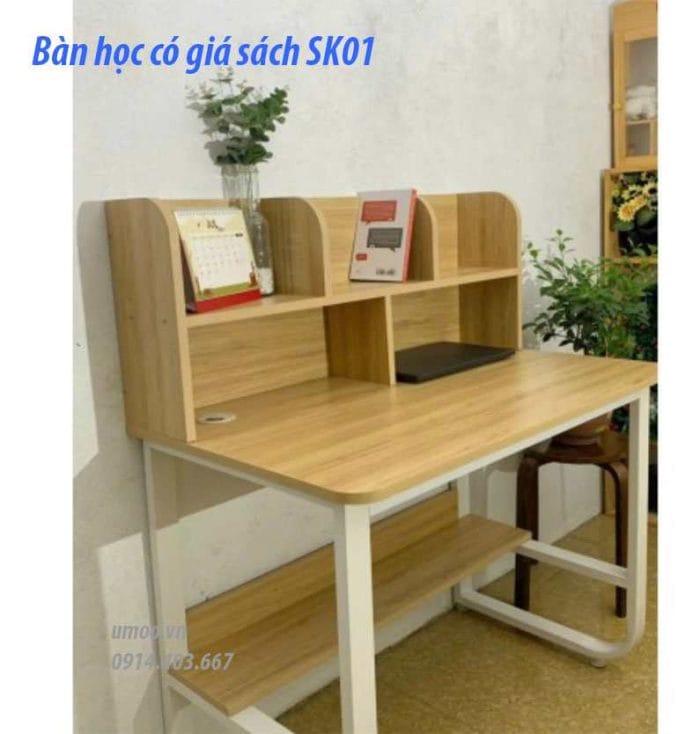 Bàn học có giá sách SK01, bàn học kèm giá sách bằng gỗ