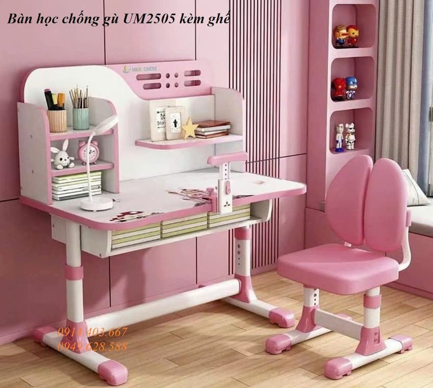 Bàn học chống gù UM2505 kèm ghế 2 Bàn học chống gù UM2505 kèm ghế cho bé vào lớp 1, tiểu học, cấp 2