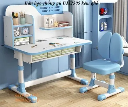 Bàn học chống gù UM2505 kèm ghế cho bé vào lớp 1, tiểu học, cấp 2
