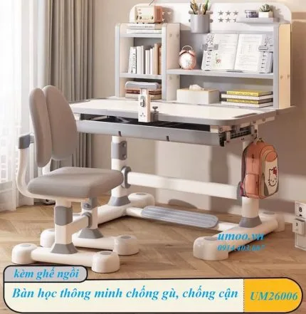 Bàn học thông minh UM26006 chống gù, chống cận, kèm bàn ghế và phụ kiện